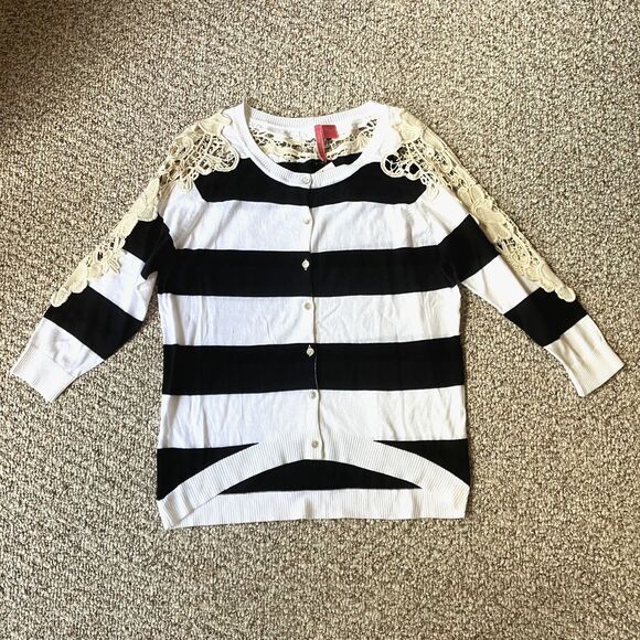 Nordstrom Charlotte Cardigan Sweater Size L Crochet Lace Stripes Twee Black Whit - Picture 1 of 11
